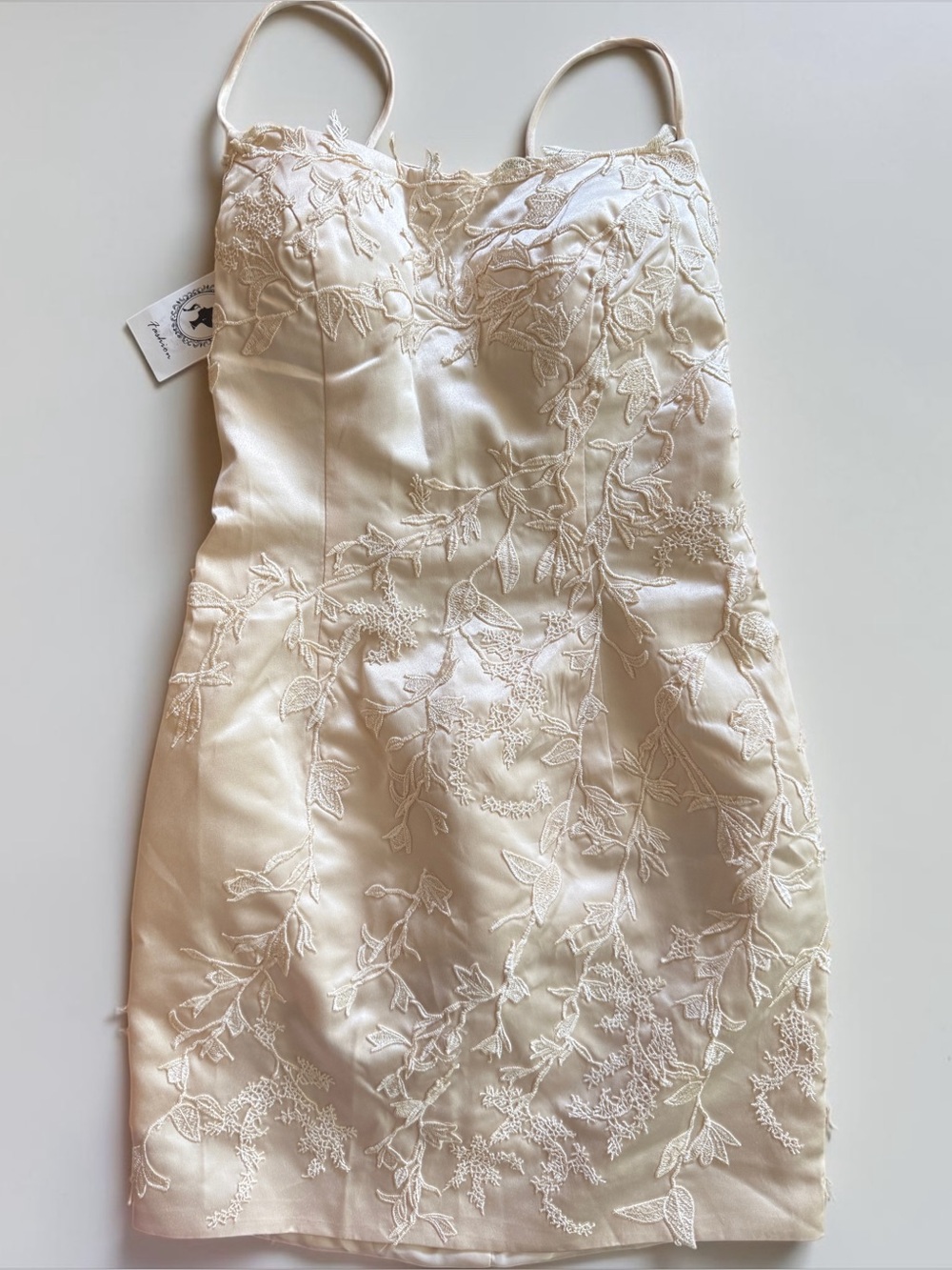 Vintage Style Cream Satin & Lace Embroidered Mini Dress Size Small | NWT